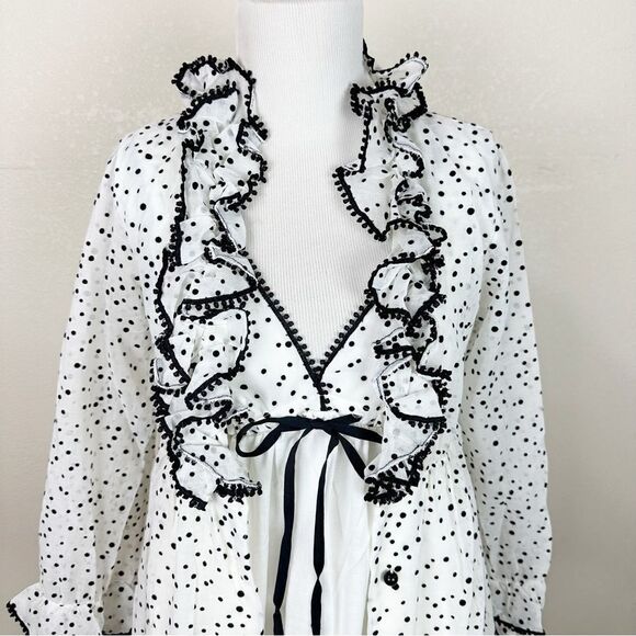 Vintage 70s Polka Dot Mod Black White Robe 2 Piece Ruffle Empire Dress Bond Girl - Picture 2 of 8